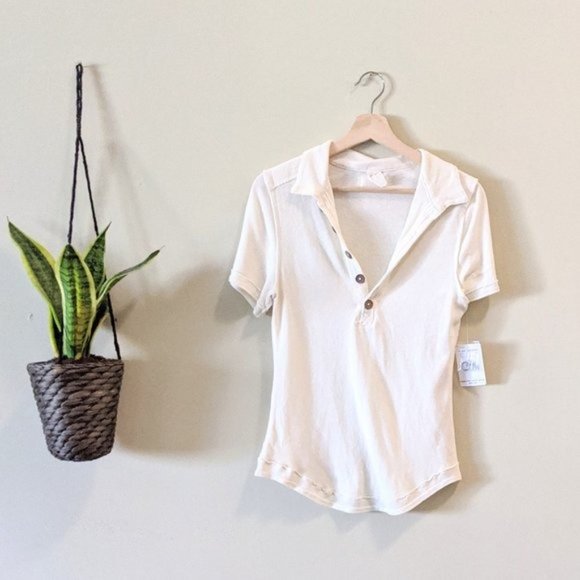 New Free People White Sands Poppy Polo Button Top - Picture 2 of 10